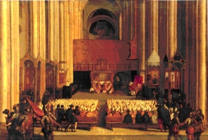 Nach TIZIAN (1565): Konzil von Trient (Malerei, Standort: Louvre).  Auf dem Konzil von Trient wurde die mittelalterliche Kirche in die katholische Bekenntnis-kirche umgeformt.