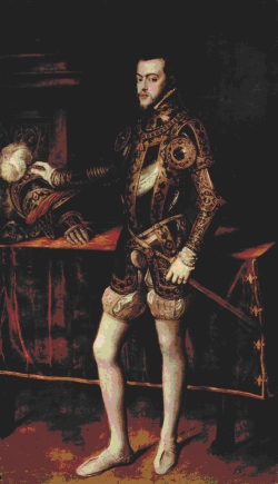 TIZIAN: Porträt Philipps II. (1551) (Ölgemälde, 193 × 111 cm, Standort: Prado). Philipp II. gilt Roscher als wichtigster Vertreter des konfessionellen Absolutismus.