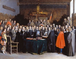 Gerard TER BORCH (1648): Friede von Münster 1648 (Öl auf Kupfer, 45, 4 cm × 58,7 cm, Standort: Rijksmuseum Amsterdam)