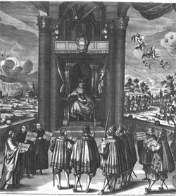 Melchior KÜSEL: Augsburger Religionsfriede zwischen Lutheranern und Katholiken (Friedensgemälde, 1655). Kupferstich auf Flugblatt zum 100jährigen Jubiläum, Staats- und Stadtbibliothek Augsburg.