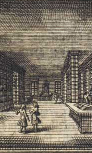 Ausschnitt aus Unbekannter Künstler (1765): Bibliotheca Academica ( Quelle: Von den Universitäts-Gebäuden, der öffentlichen Bibliothek und anderen gelehrten Anstalten und Gesellschaften zu Göttingen.; 2) Von der öffentlichen Bibliothek. (S. 210-224), Kupferstich ; s/w ; 78 x 115 mm)