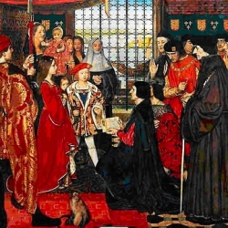 Richard BURCHETT (1841–1863): Thomas Morus und Erasmus von Rotterdam besuchen die Kinder Heinrichs VII und überreichen dem Kronprinzen Heinrich ein Geschenk (Ölgemälde, Standort: Westminster Hall). Erasmus von Rotterdam und Thomas Morus zählten zu den wichtigsten Vertretern der Gelehrtenrepublik.