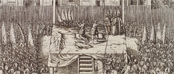 Frans Hogenberg (1568): Die Hinrichtung von Egmont und Horne auf dem Brüssler Rathausplatz. Kupferstich. 