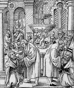 Valentin SCHÜLER (1650-1720): Martin Luther und Jan Hus verteilen die Kommunion an das Fürstenhaus Sachsen. Allegorie auf die Reformation. (Holzschnitt. Standort: Kunstsammlung der Veste Coburg)
