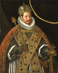 Werkstatt des Hans von Aachen (1600-1625): Porträt des Kaisers Matthias (Ölgemälde, 104 × 80 cm). Mit dem Tode des Kaisers war eine Neuordnung der habsburgischen Erbfolge nötig geworden.