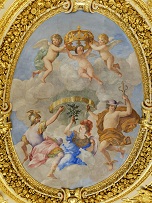 Giovanni Francesco ROMANELLI (1655-1658): Allegorie des Pyrenäenvertrages (Fresko, Standort Louvre). Die Inschrift auf dem Spruchband lautet „Fruit de Victoire“ (Frucht des Sieges).