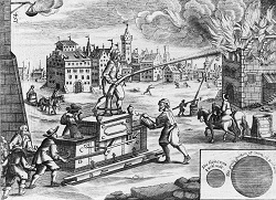 Georg Andreas BÖCKLER (1662): Die Wasserpumpe (KupferstichKupferstich aus dem “Theatrum Machinarum Novum“). Auch das Feuerlöschen war Teil der Guten Policey.