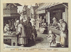 Jan Baptist Collaert, Jan van der Straet,  Philippe Galle  (1576-1600): Conspicilla (Kupferstich, 198 x  265 mm, Standort:Herzog August Bibliothek, Wolfenbüttel). Flugblätter, deren Betrachtung hier dargestellt wird, gehören zu den wichtigsten Medien der Frühen Neuzeit.